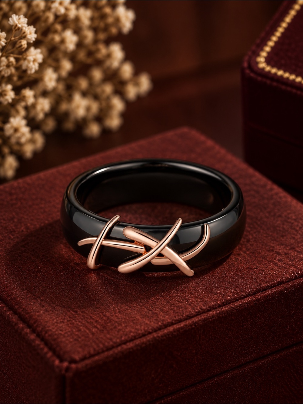 Black Ceramic Ring with Rose Gold Accent